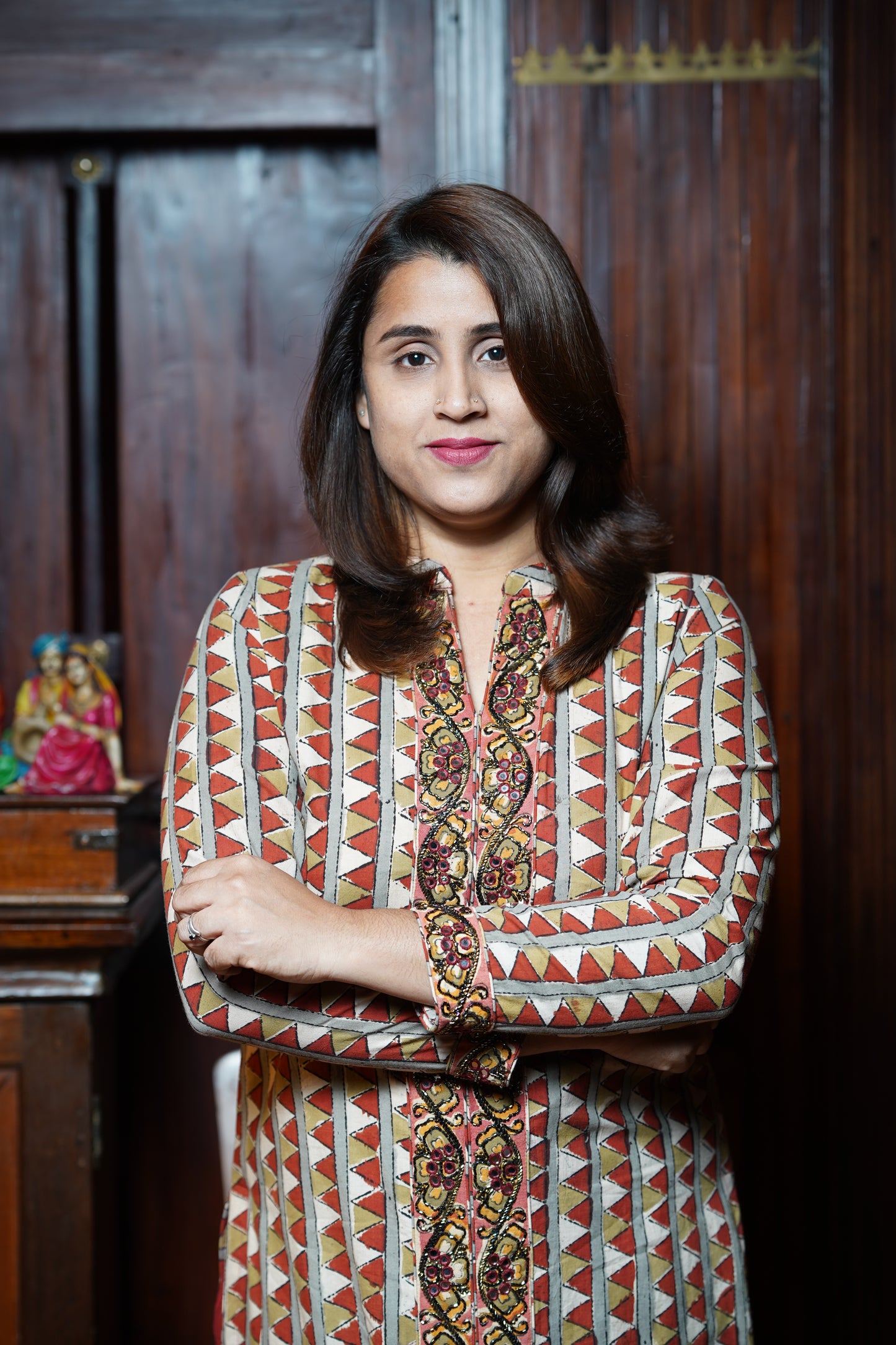 Hand Block Printed Pedana Kalamkari Straight Cut Dress With Hand Work