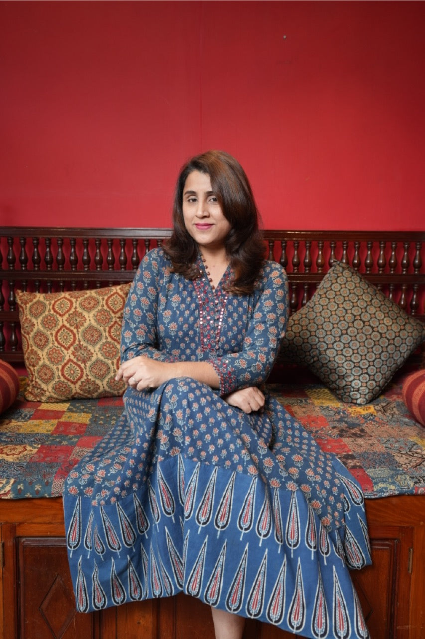Hand Block Printed Dhamadka Ajrakh Anarkali Dress With Hand Work