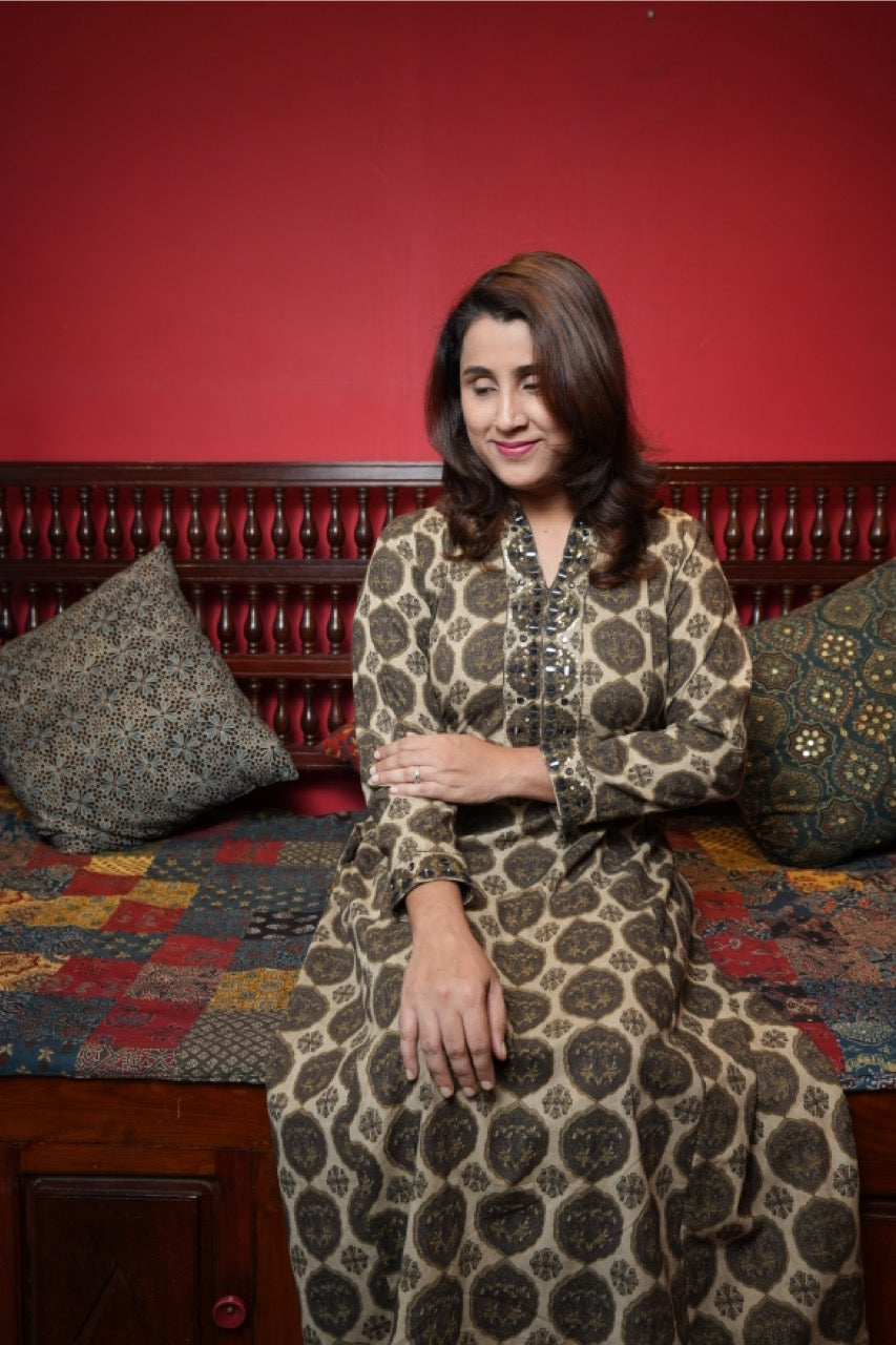 Hand Block Printed Dhamadka Ajrakh Aline Princess Cut Dress With Hand Work