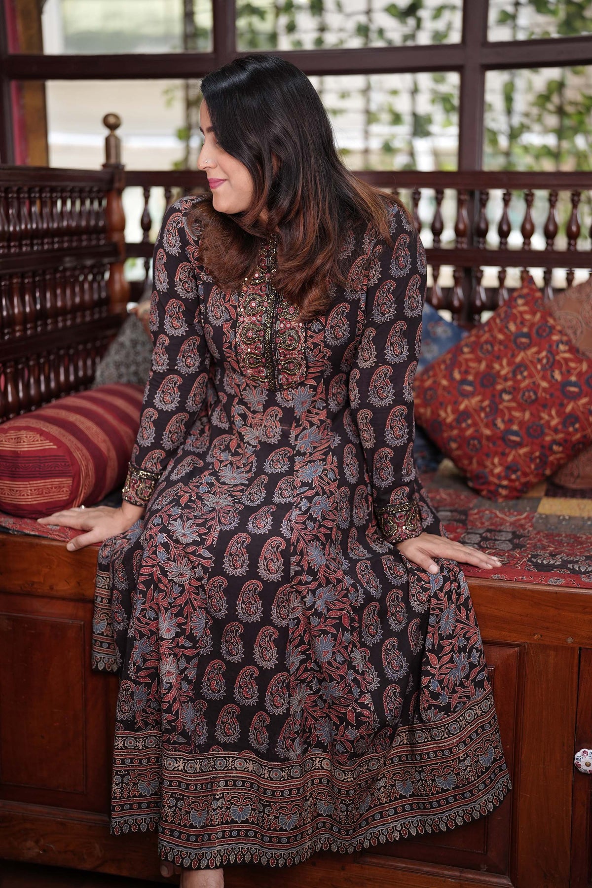 Hand Block Printed Ajrakh Cotton Anarkali Kurthi with Hand Work