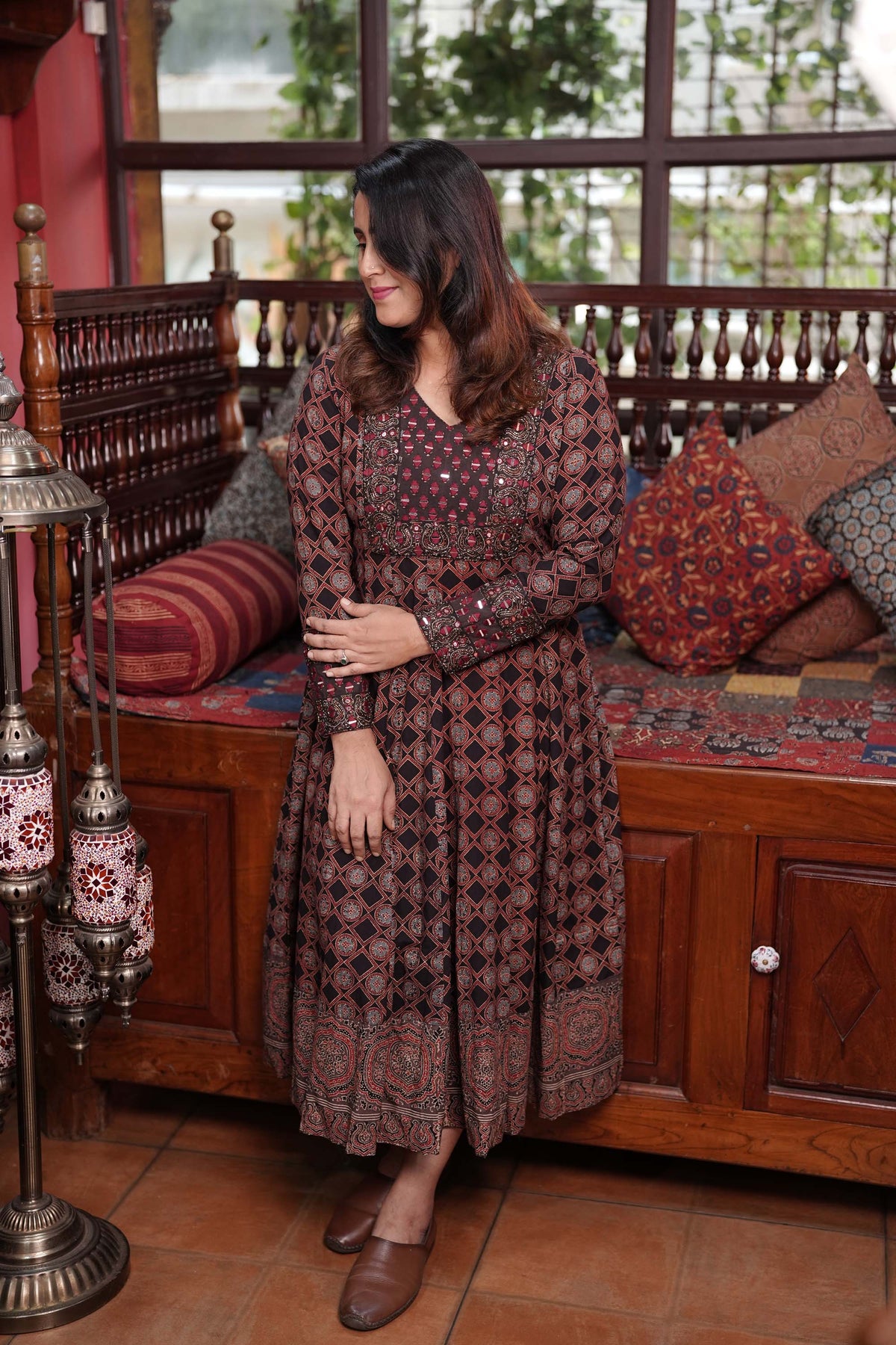 Hand Block Printed Ajrakh Cotton Anarkali Kurthi with Hand Work