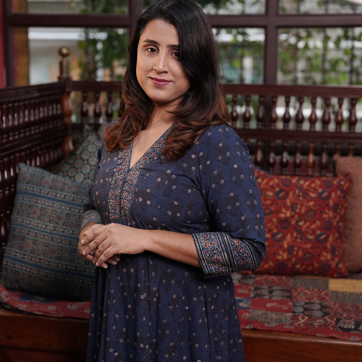 Hand Block Printed Ajrakh Cotton Anarkali Kurthi