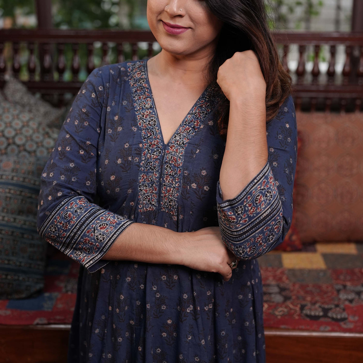 Hand Block Printed Ajrakh Cotton Anarkali Kurthi