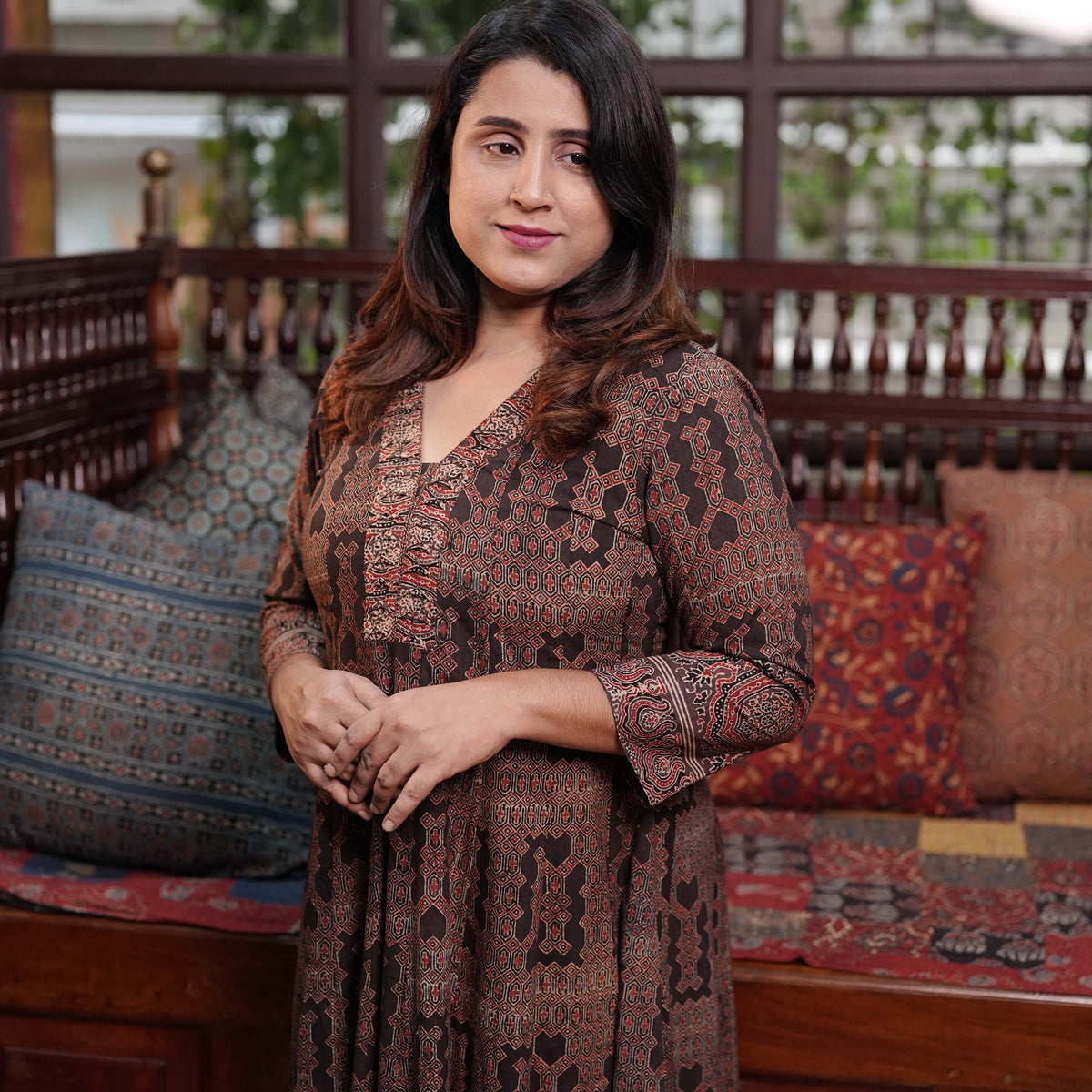 Hand Block Printed Ajrakh Cotton Anarkali Kurthi