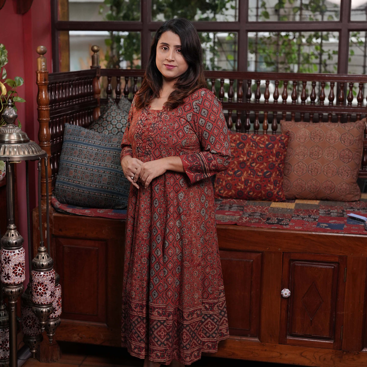 Hand Block Printed Ajrakh Cotton Anarkali Kurthi