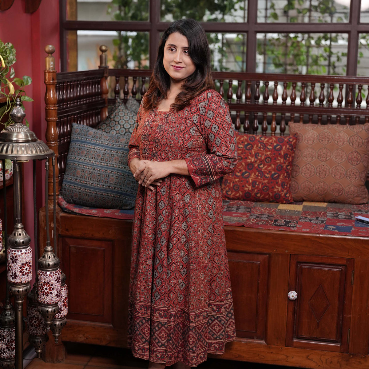 Hand Block Printed Ajrakh Cotton Anarkali Kurthi