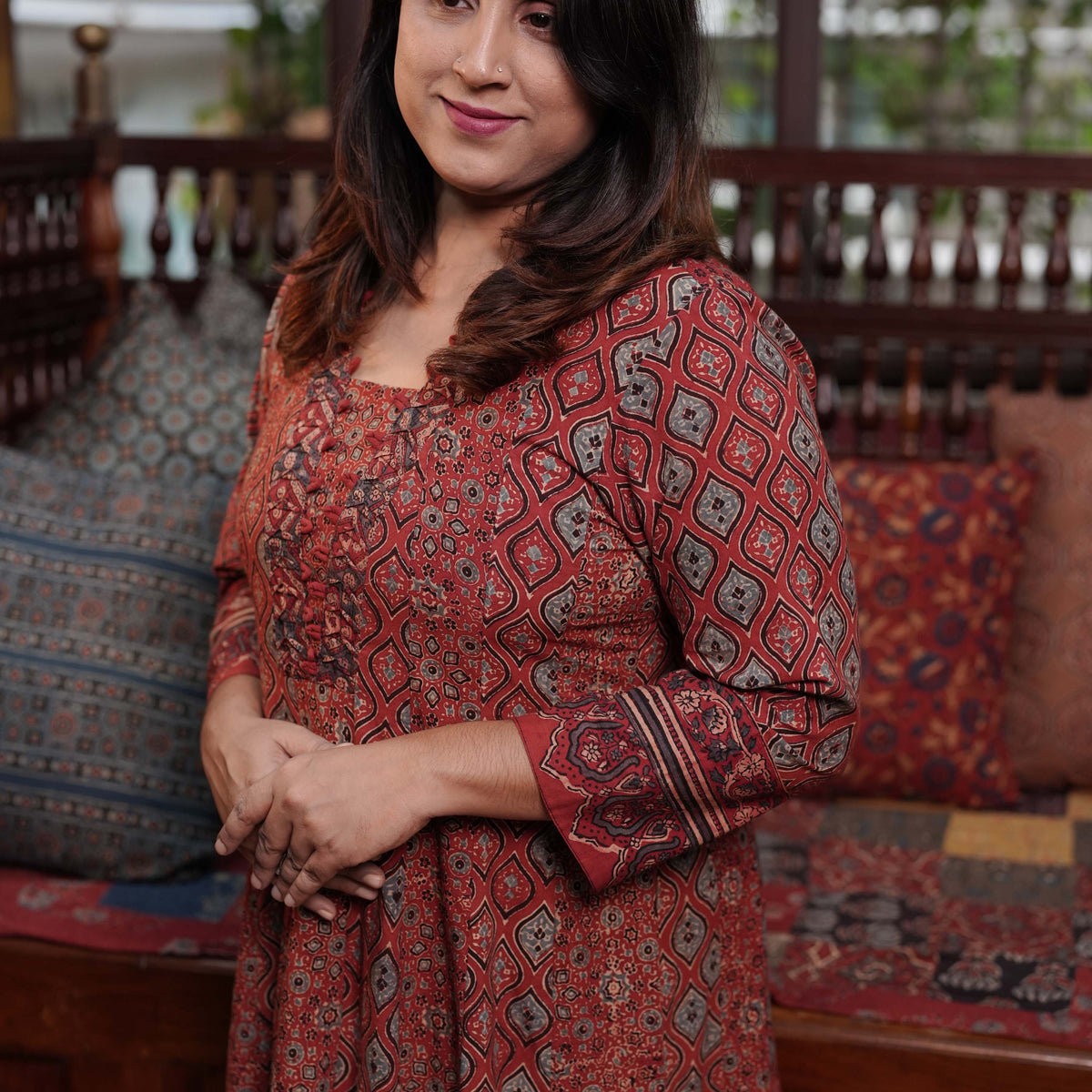 Hand Block Printed Ajrakh Cotton Anarkali Kurthi