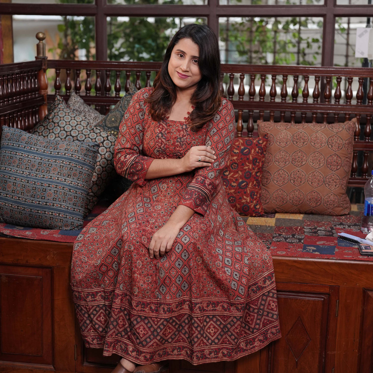 Hand Block Printed Ajrakh Cotton Anarkali Kurthi
