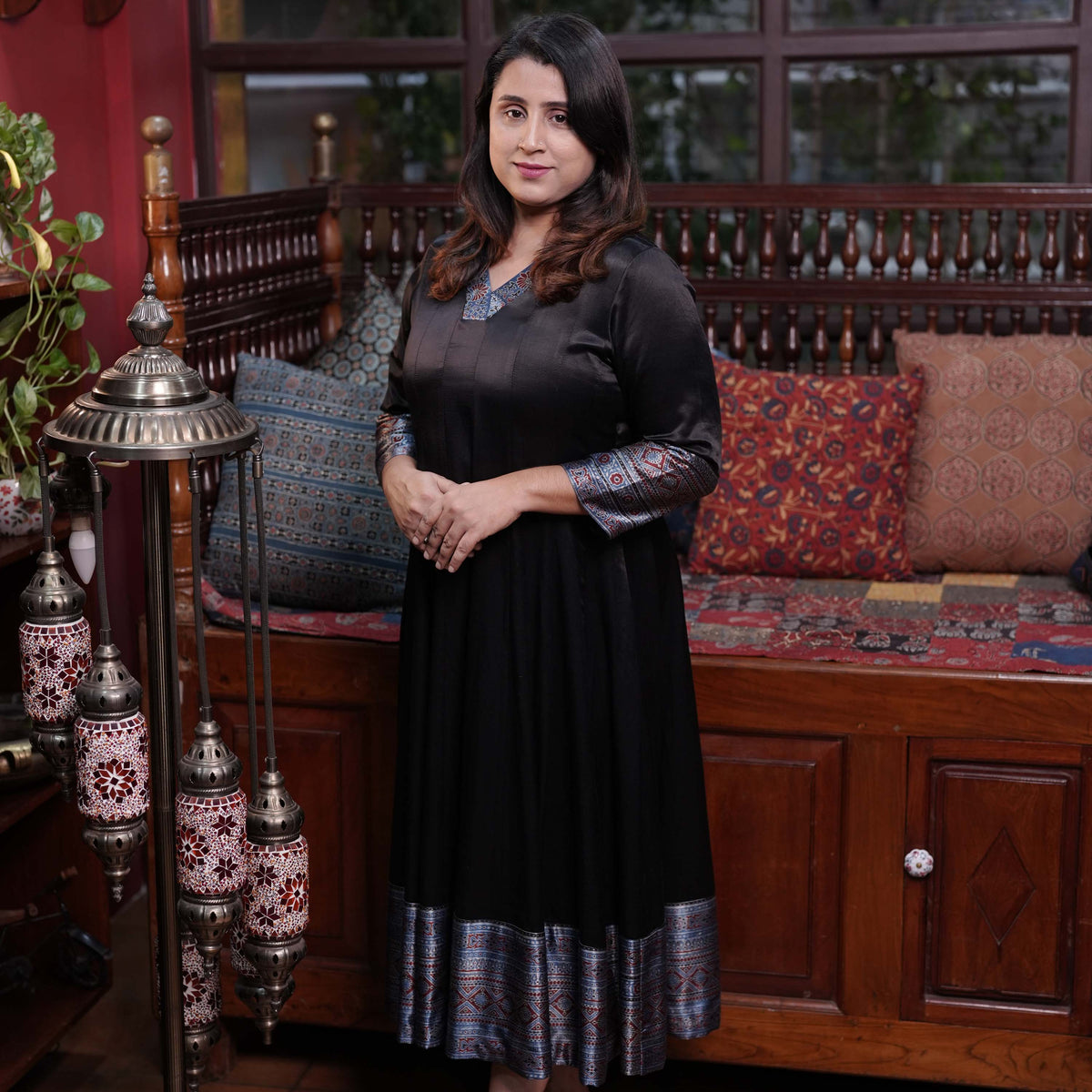 Combination Of Plain Mashru Silk And Hand Block Printed Ajrakh Anarkali Kurthi