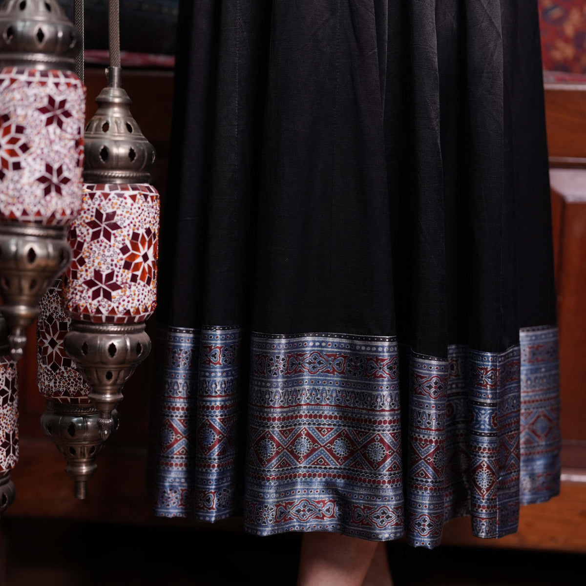 Combination Of Plain Mashru Silk And Hand Block Printed Ajrakh Anarkali Kurthi