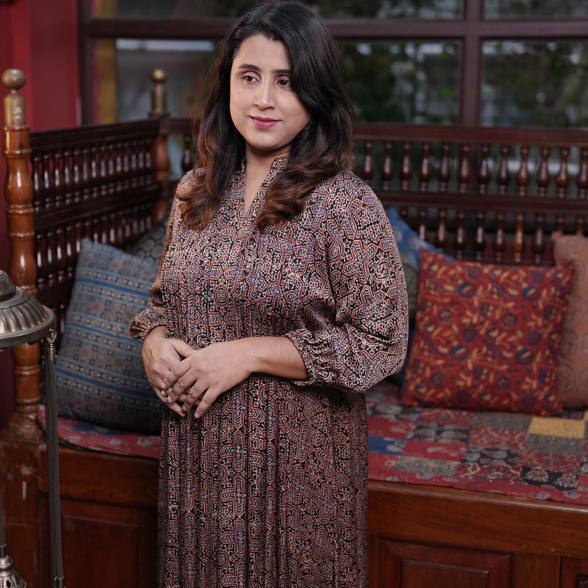 Hand block printed Modal Silk Pintuck  Aline Princess cut Kurthi