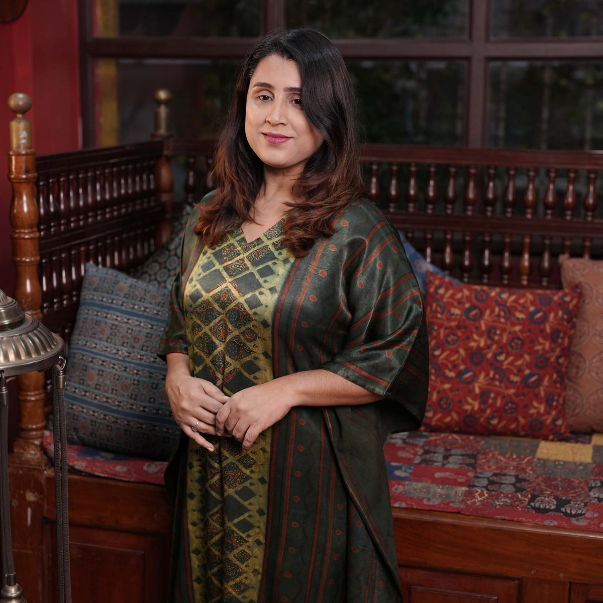 Hand block printed Ajrakh Mashru Designer Kafthan