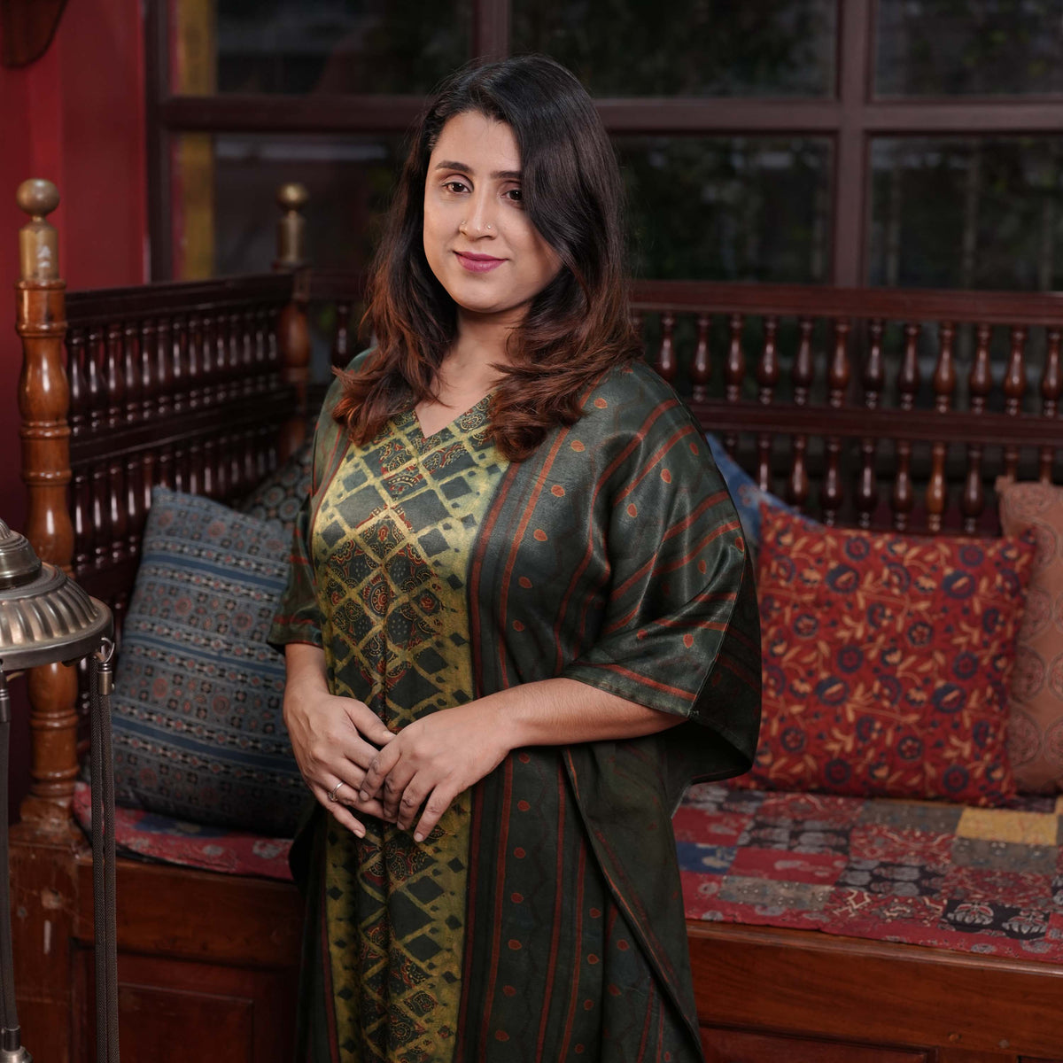 Hand block printed Ajrakh Mashru Designer Kafthan