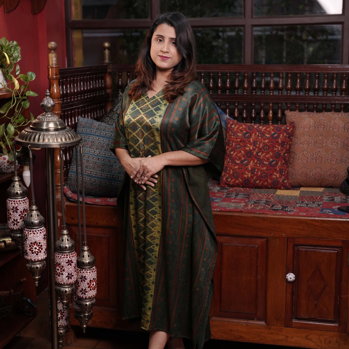 Hand block printed Ajrakh Mashru Designer Kafthan