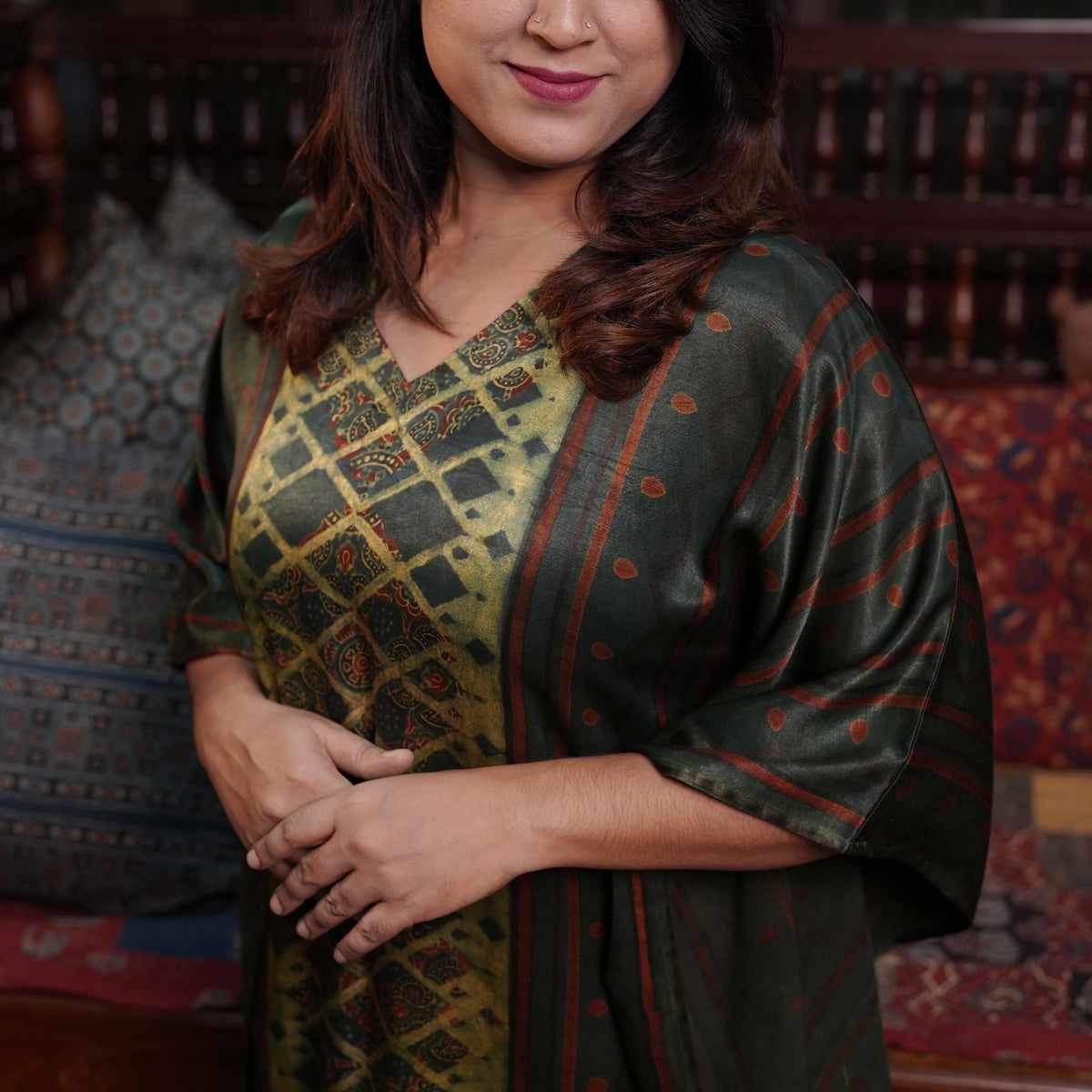Hand block printed Ajrakh Mashru Designer Kafthan