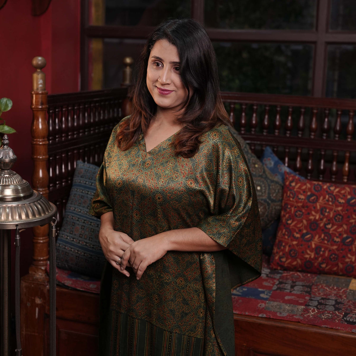 Hand block printed Ajrakh Mashru silk Designer Kaftan