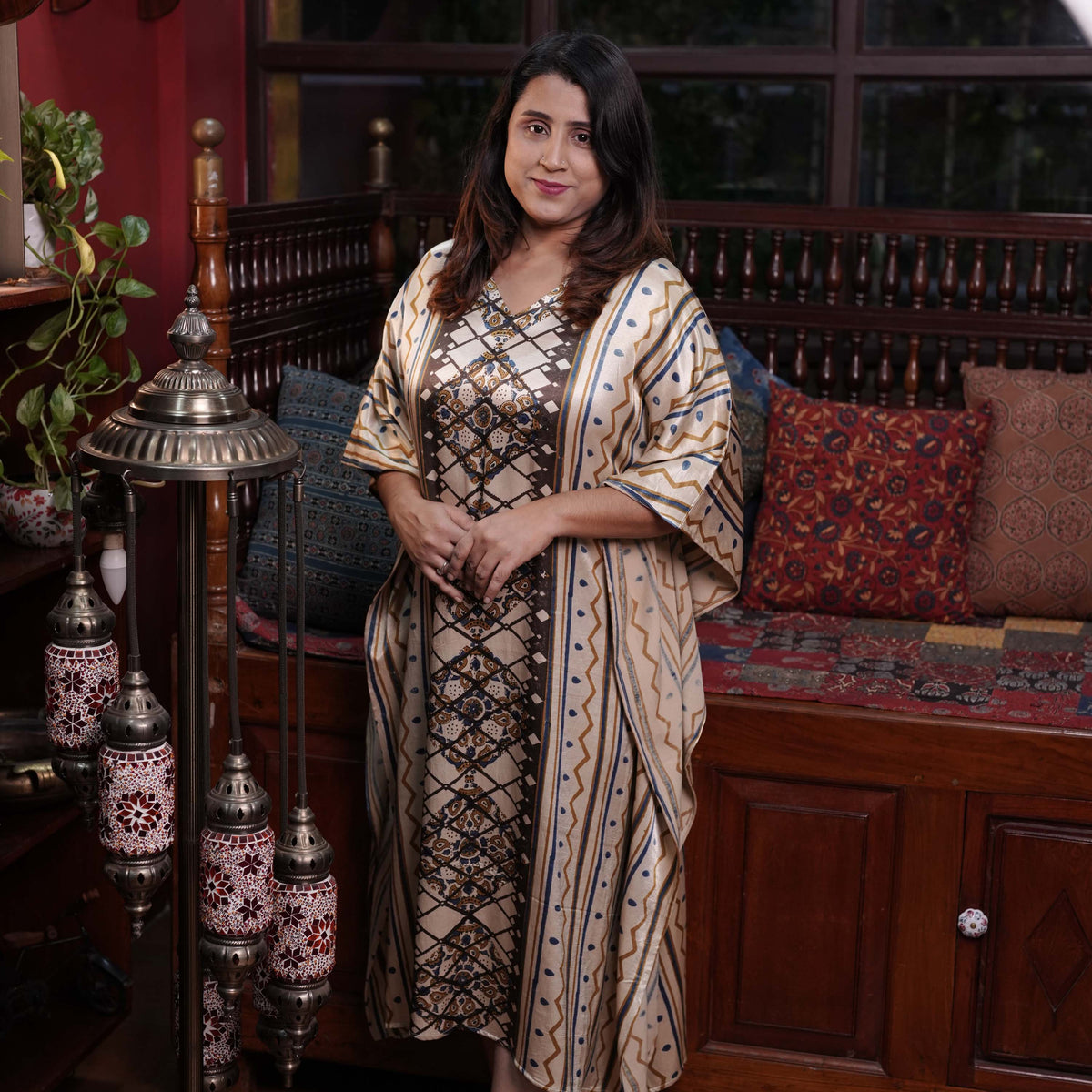 Hand block printed Ajrakh Mashru silk Designer Kaftan