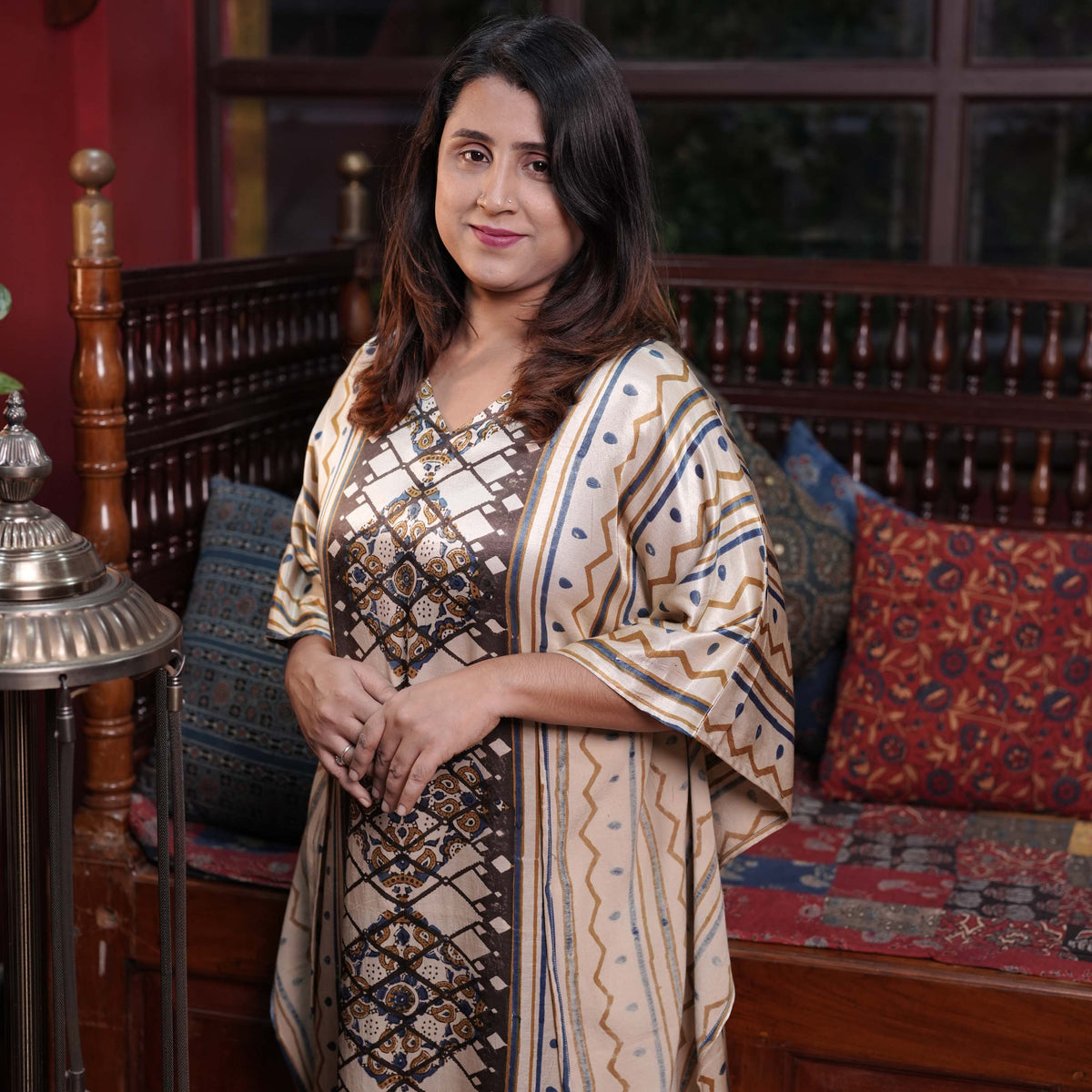 Hand block printed Ajrakh Mashru silk Designer Kaftan