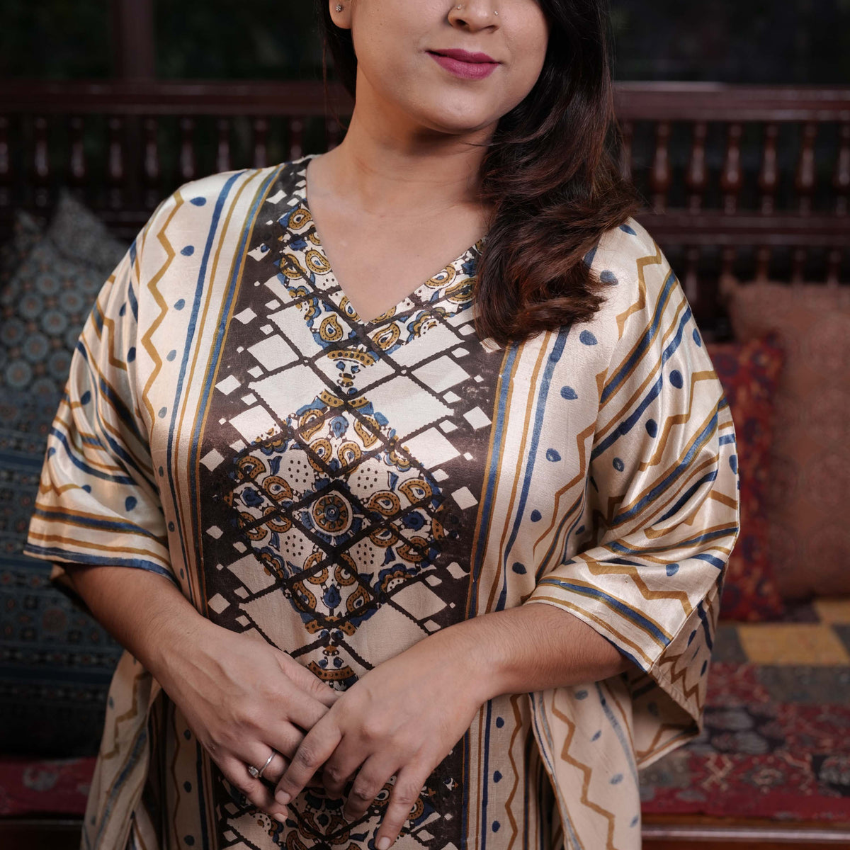 Hand block printed Ajrakh Mashru silk Designer Kaftan
