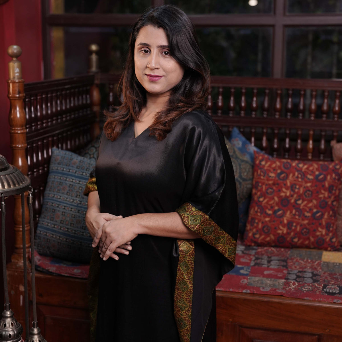Combination Of Plain Mashru Silk And Hand Block Printed Ajrakh Kaftan
