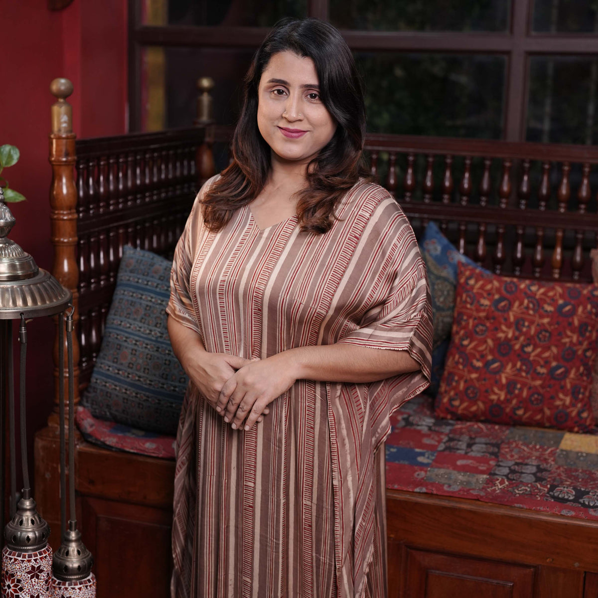 Hand block printed Ajrakh Modal Silk Kaftan