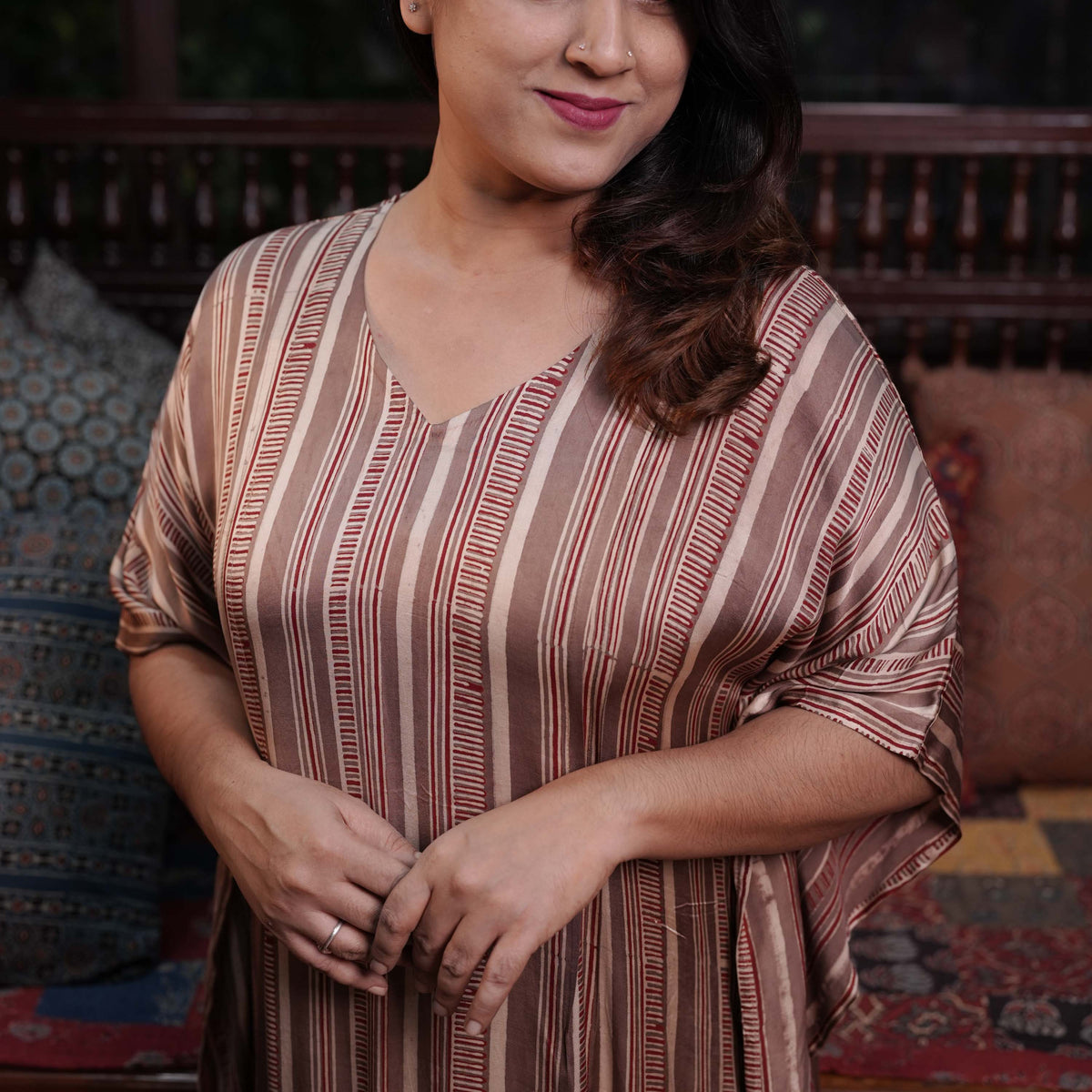 Hand block printed Ajrakh Modal Silk Kaftan