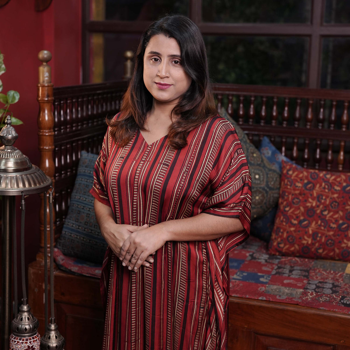 Hand block printed Ajrakh Modal Silk Kaftan