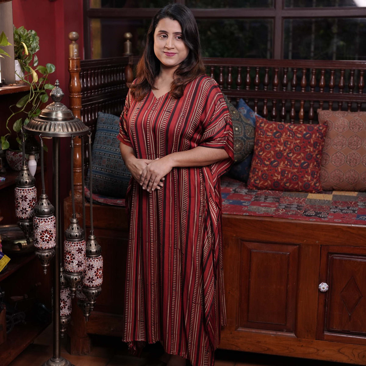 Hand block printed Ajrakh Modal Silk Kaftan