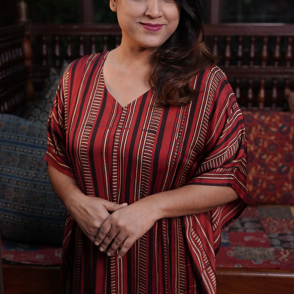 Hand block printed Ajrakh Modal Silk Kaftan