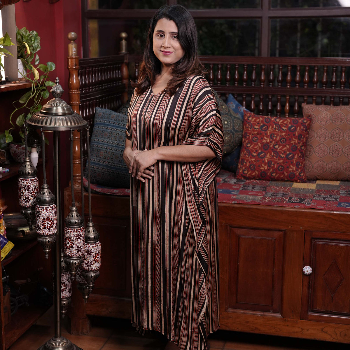 Hand block printed Ajrakh Modal Silk Kaftan
