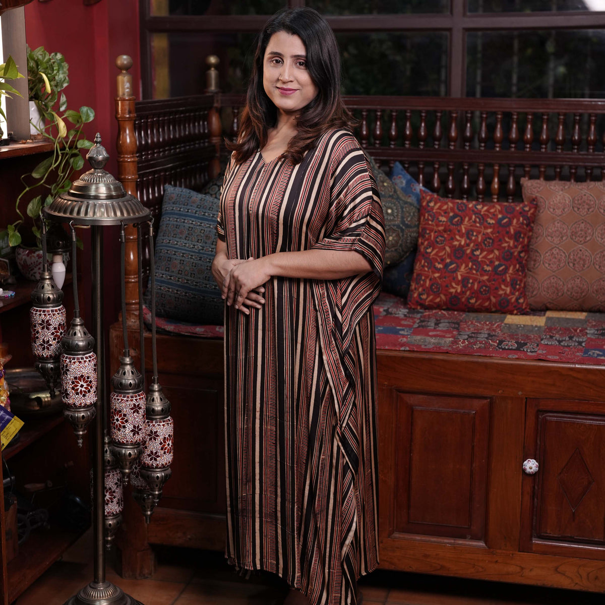 Hand block printed Ajrakh Modal Silk Kaftan