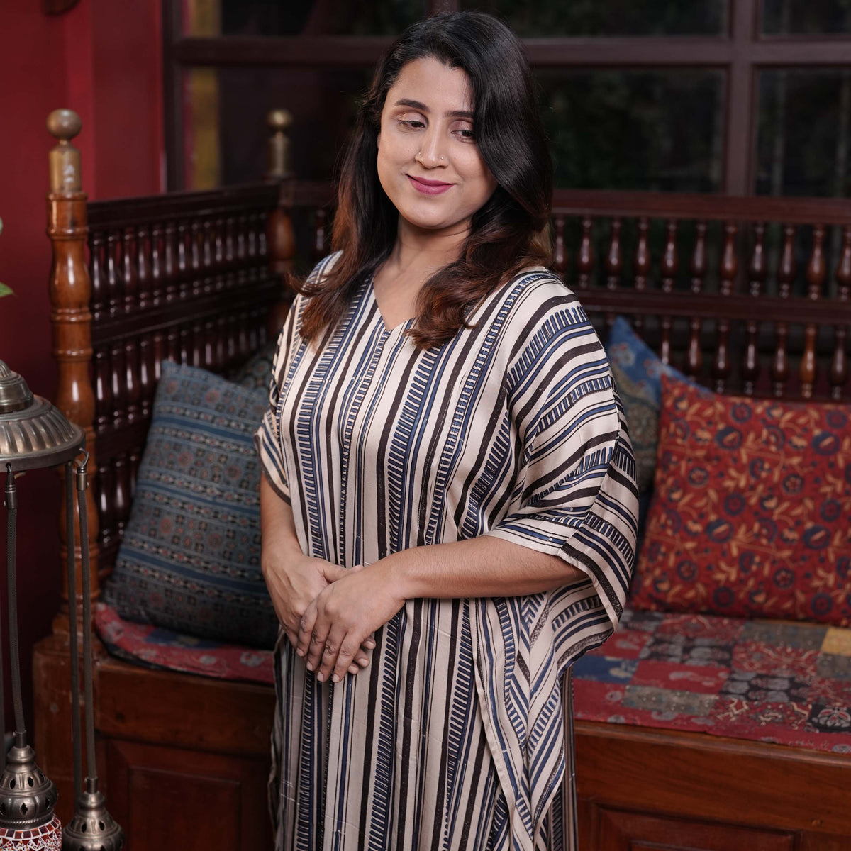 Hand block printed Ajrakh Modal Silk Kaftan