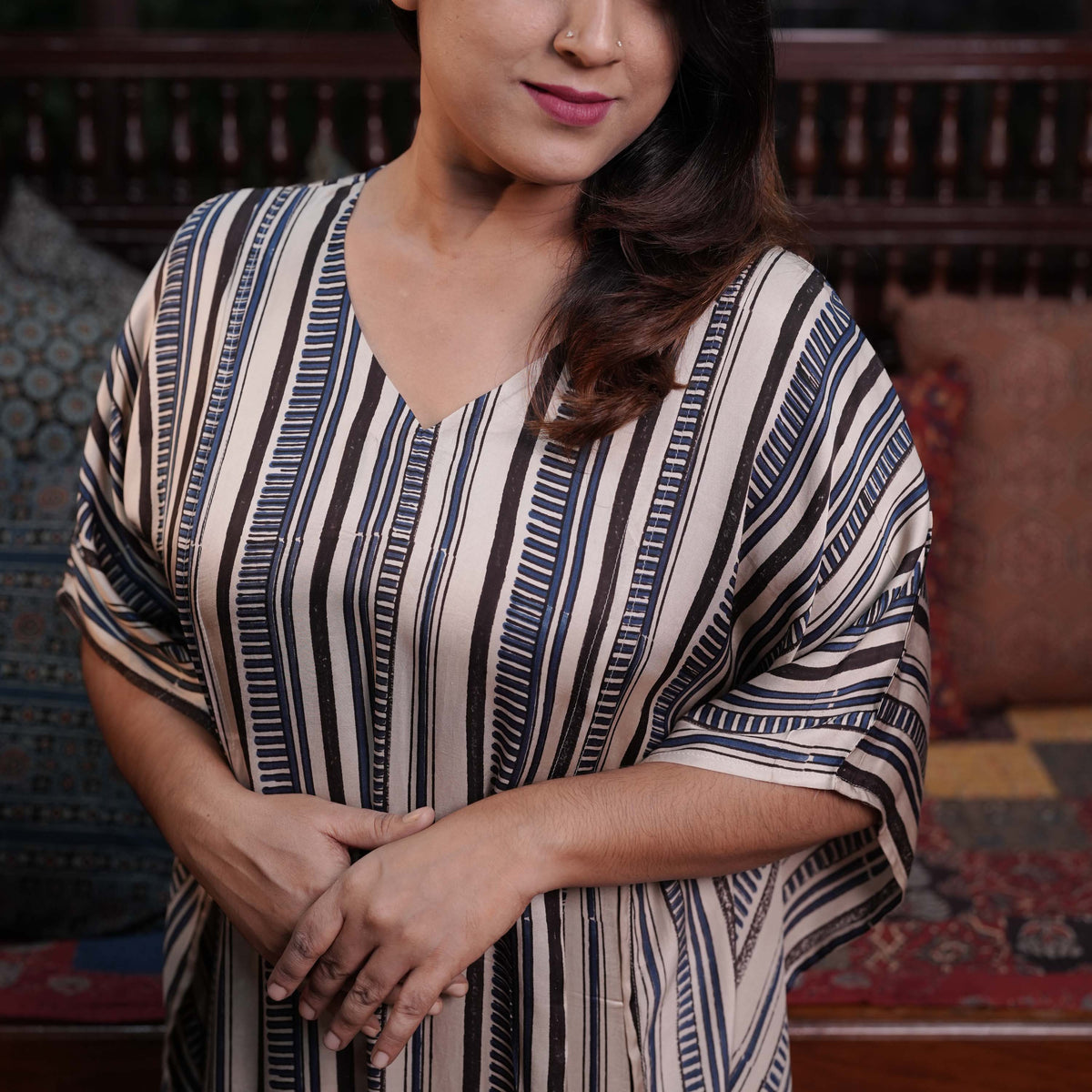 Hand block printed Ajrakh Modal Silk Kaftan