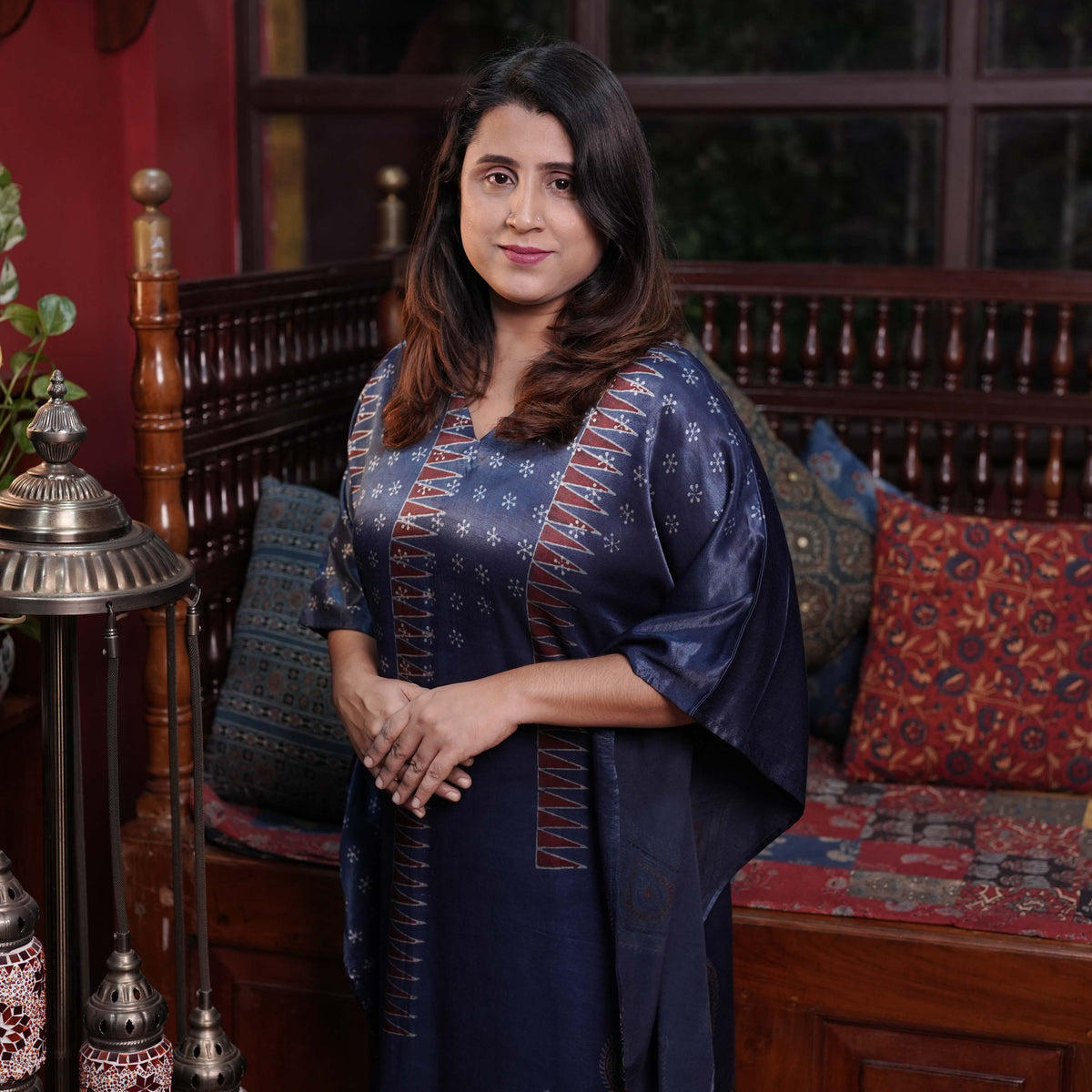 Hand block printed Ajrakh Mashru silk Designer Kaftan
