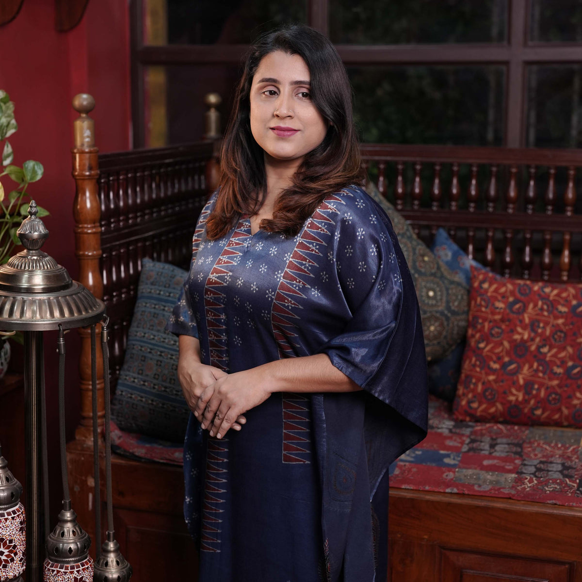 Hand block printed Ajrakh Mashru silk Designer Kaftan