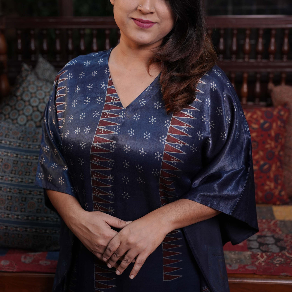 Hand block printed Ajrakh Mashru silk Designer Kaftan
