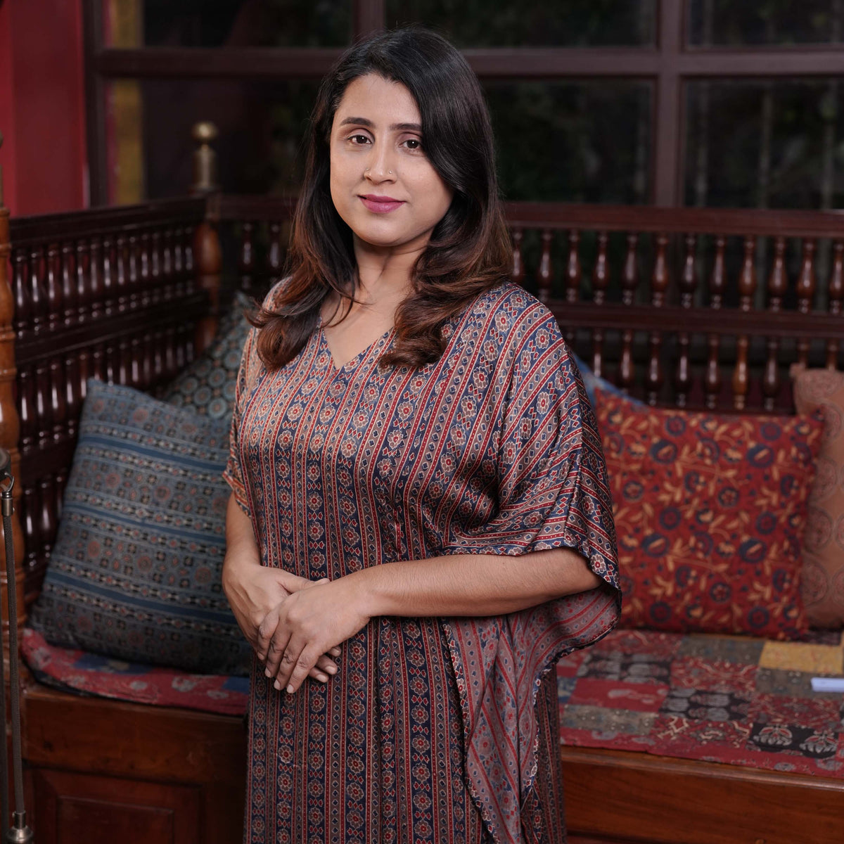 Hand block printed Ajrakh Modal Silk Kaftan