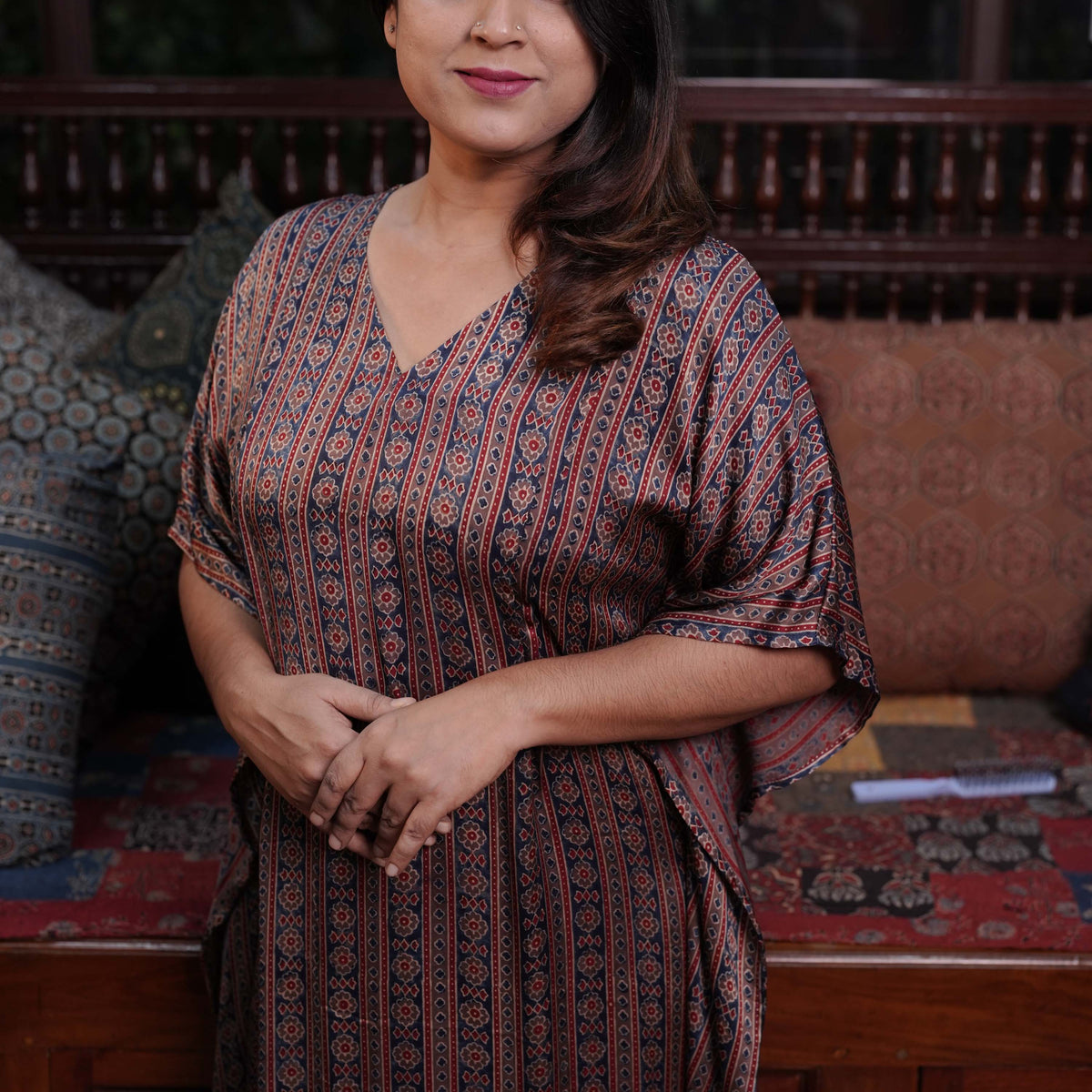 Hand block printed Ajrakh Modal Silk Kaftan