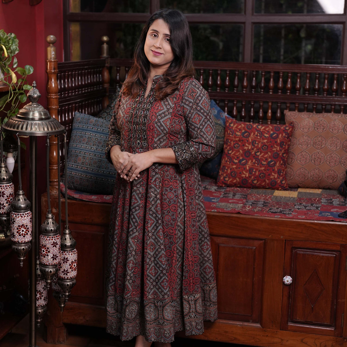 Hand Block Printed Ajrakh Cotton Anarkali Kurthi with Hand Work