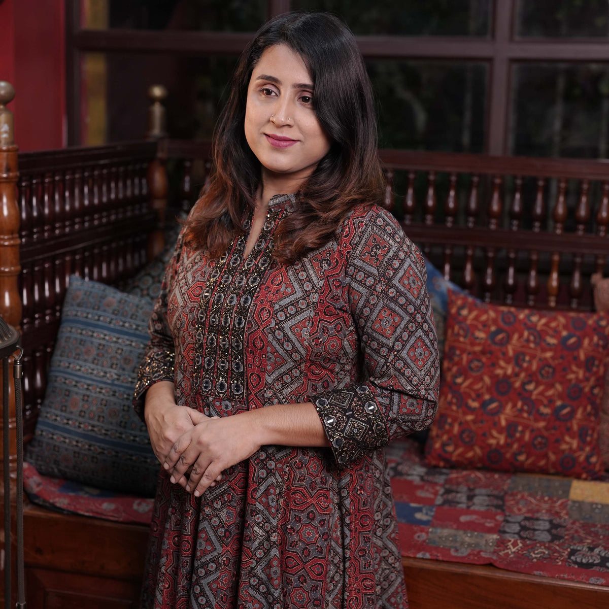 Hand Block Printed Ajrakh Cotton Anarkali Kurthi with Hand Work