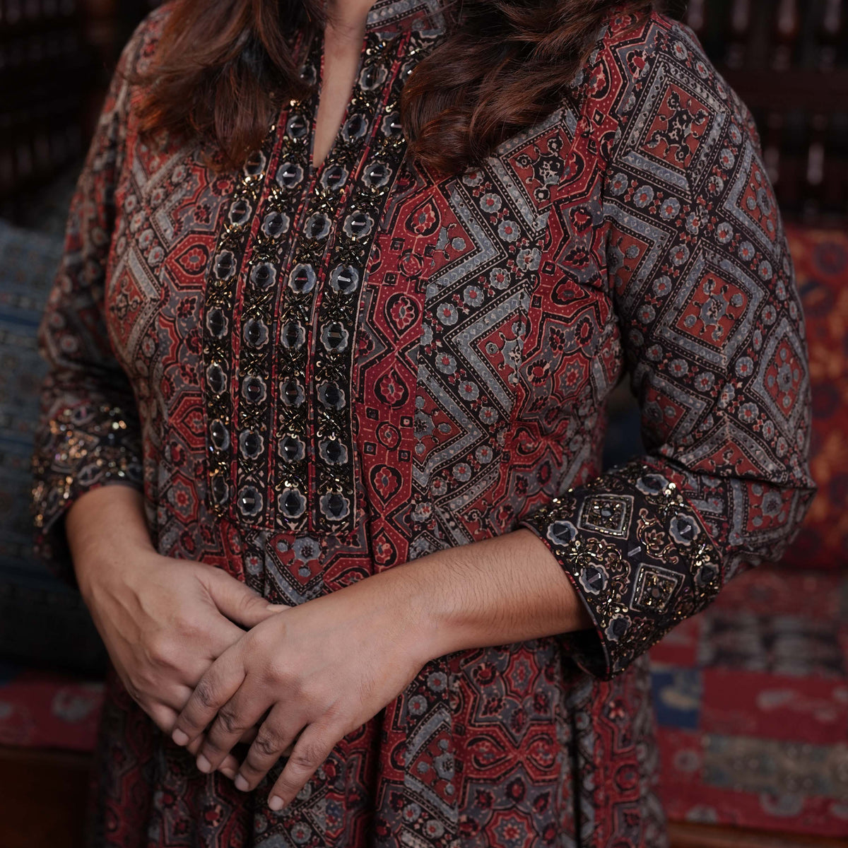 Hand Block Printed Ajrakh Cotton Anarkali Kurthi with Hand Work