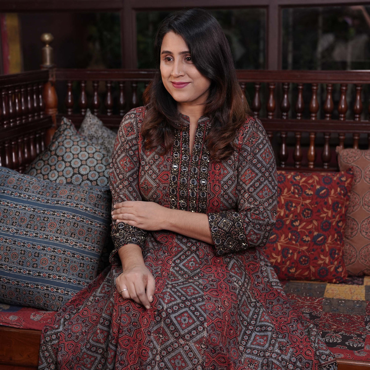 Hand Block Printed Ajrakh Cotton Anarkali Kurthi with Hand Work