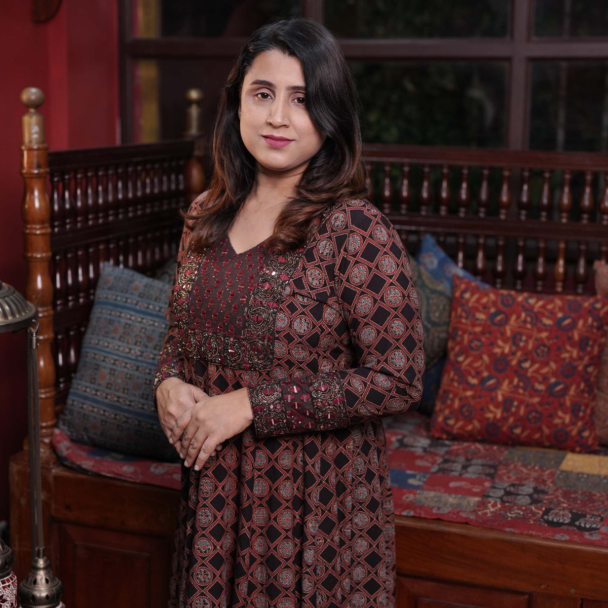 Hand Block Printed Ajrakh Cotton Anarkali Kurthi with Hand Work