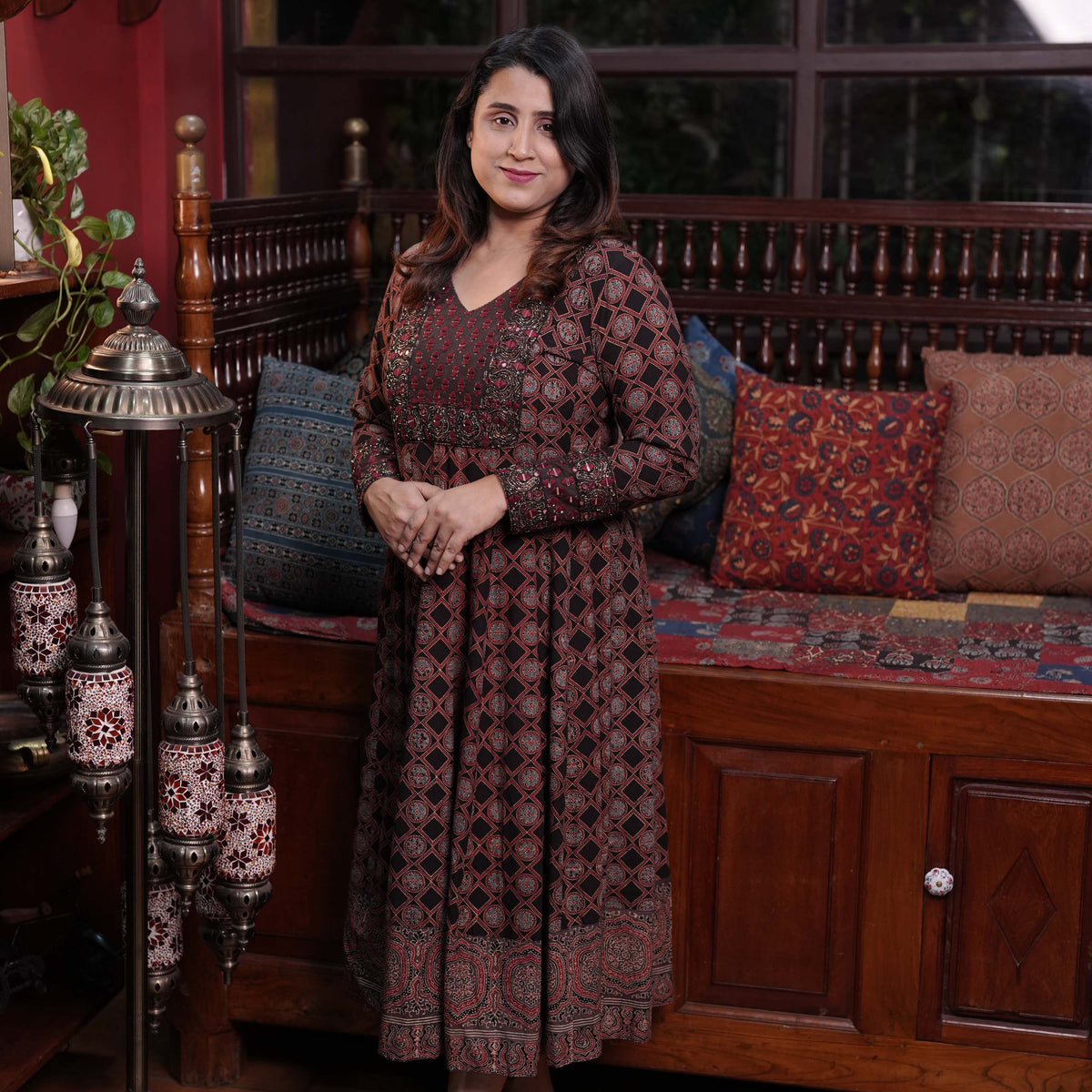 Hand Block Printed Ajrakh Cotton Anarkali Kurthi with Hand Work