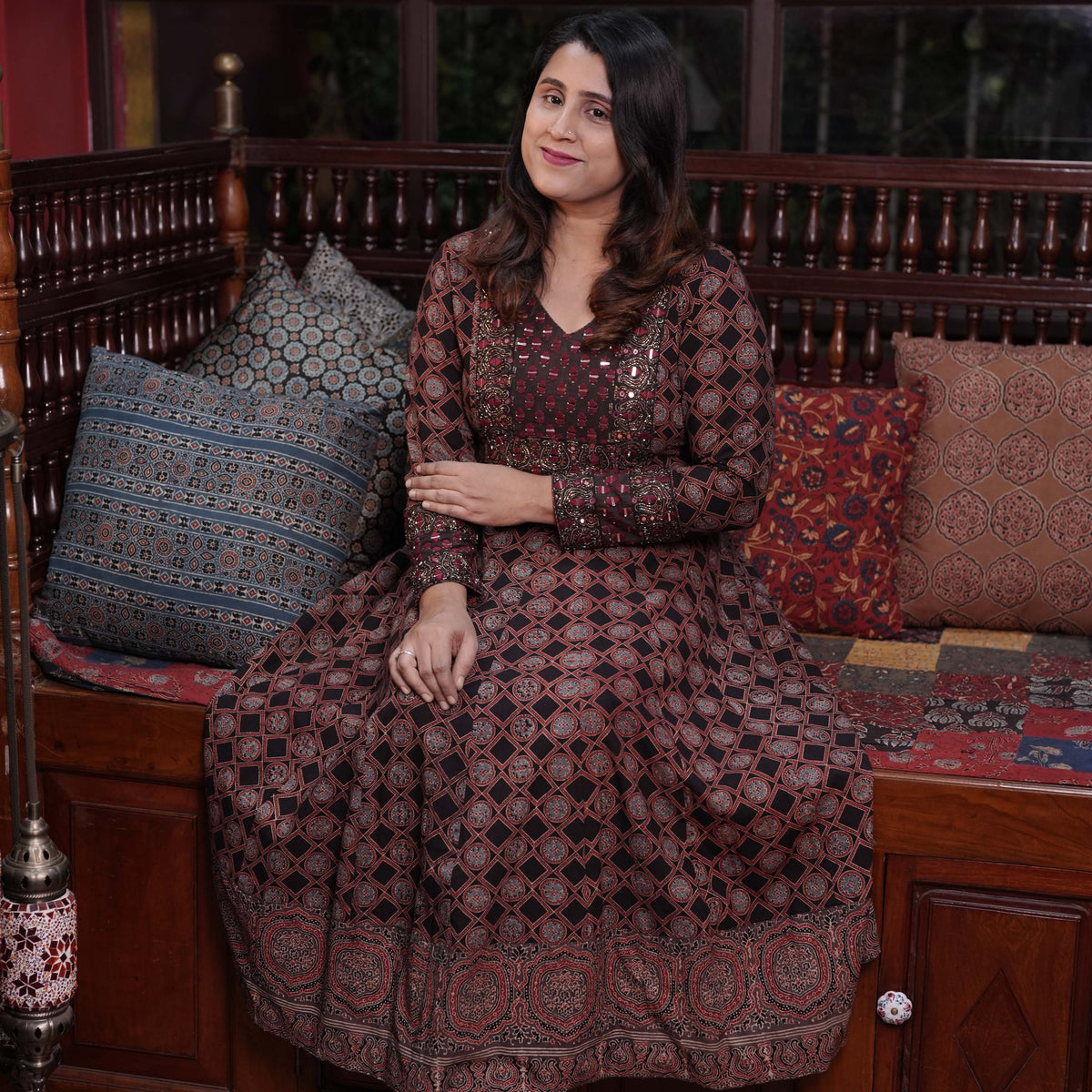 Hand Block Printed Ajrakh Cotton Anarkali Kurthi with Hand Work