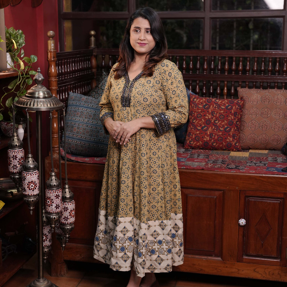 Hand Block Printed Ajrakh Cotton Anarkali Kurthi with Hand Work