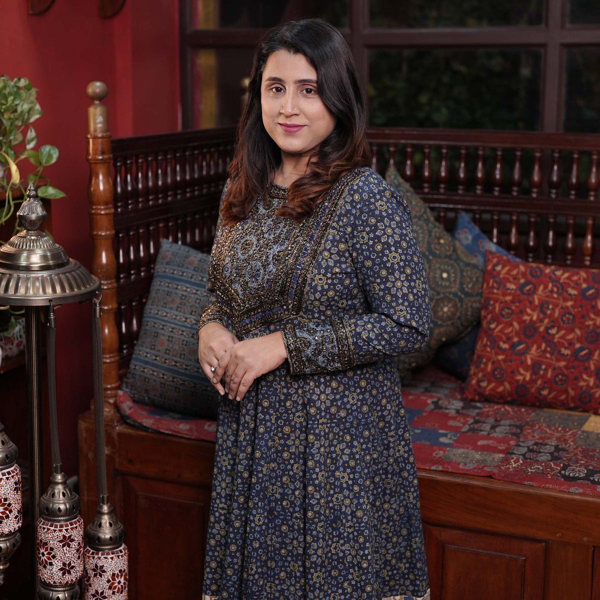 Hand Block Printed Ajrakh Cotton Anarkali Kurthi with Hand Work