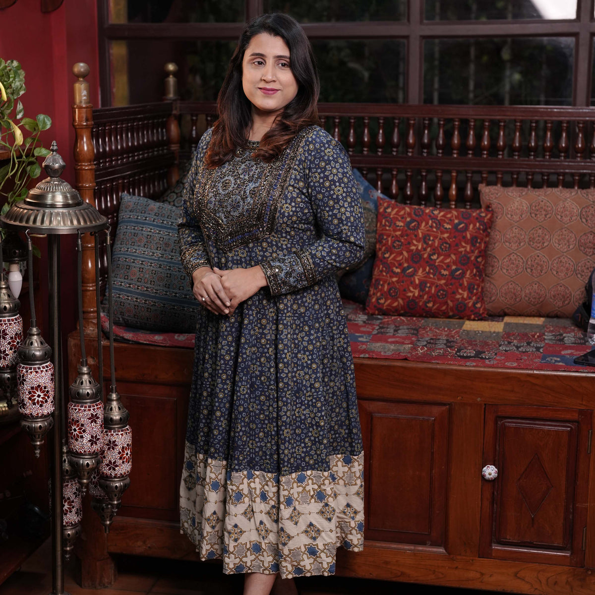 Hand Block Printed Ajrakh Cotton Anarkali Kurthi with Hand Work