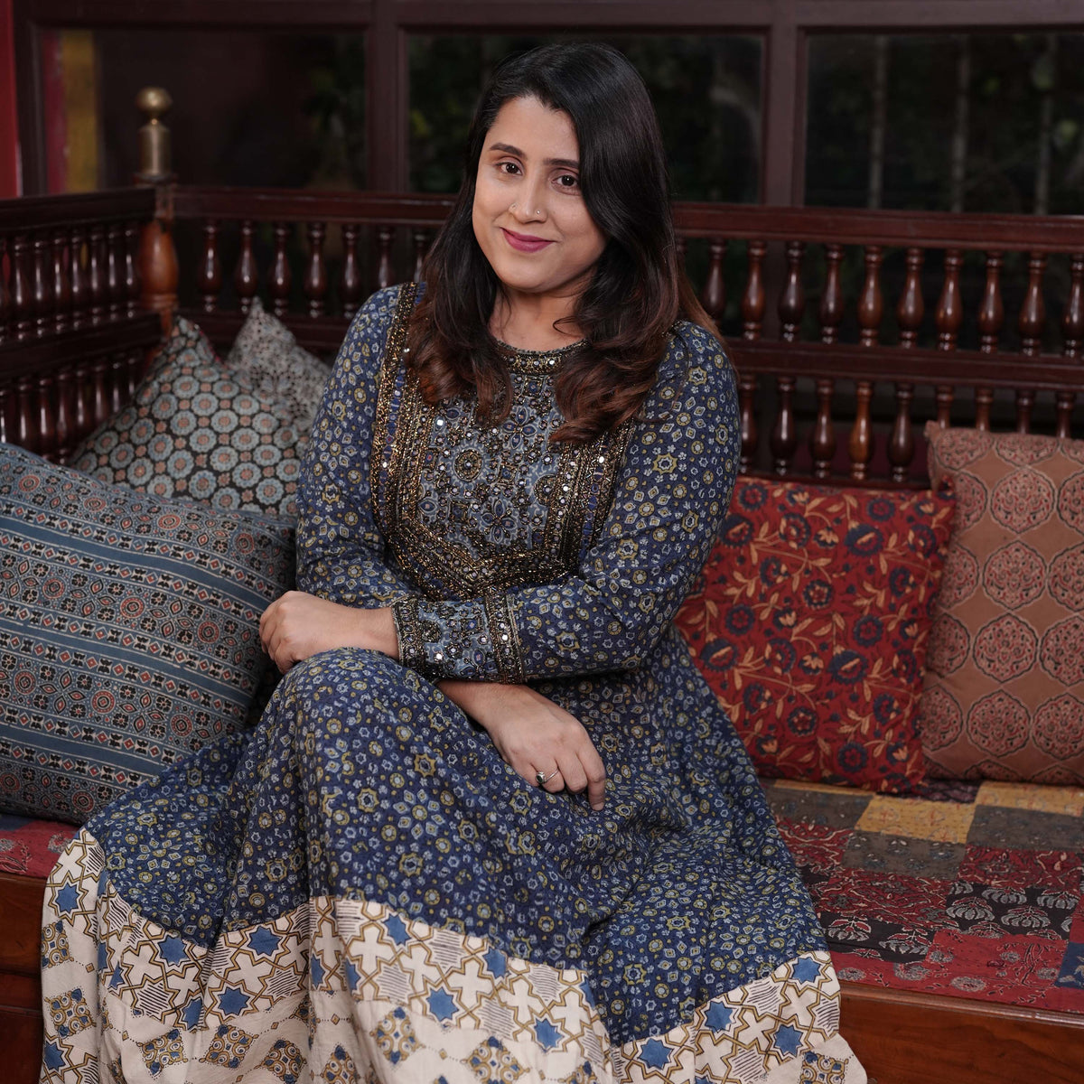 Hand Block Printed Ajrakh Cotton Anarkali Kurthi with Hand Work