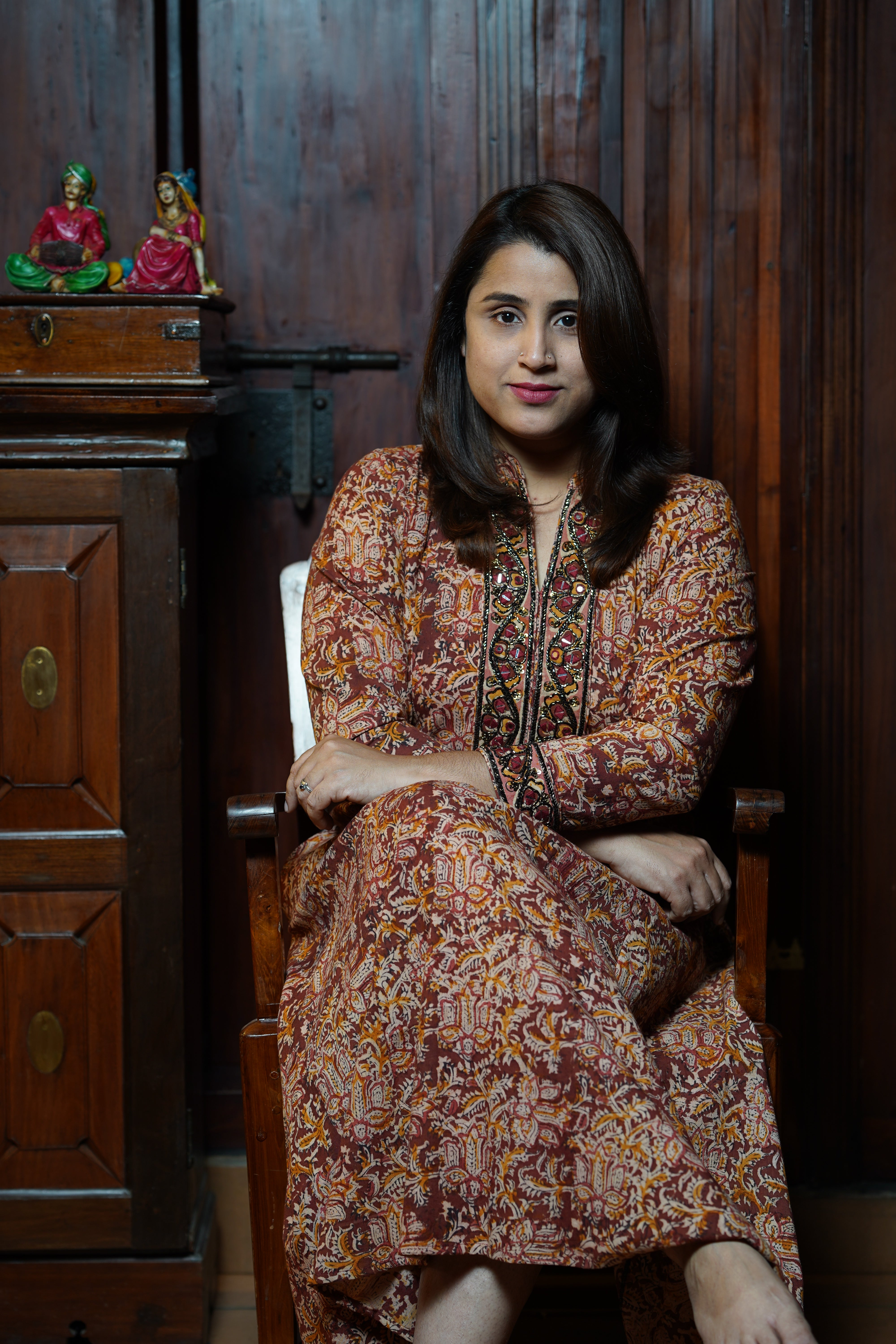 Hand Block Printed Kalamkari Aline Dress With Hand Work